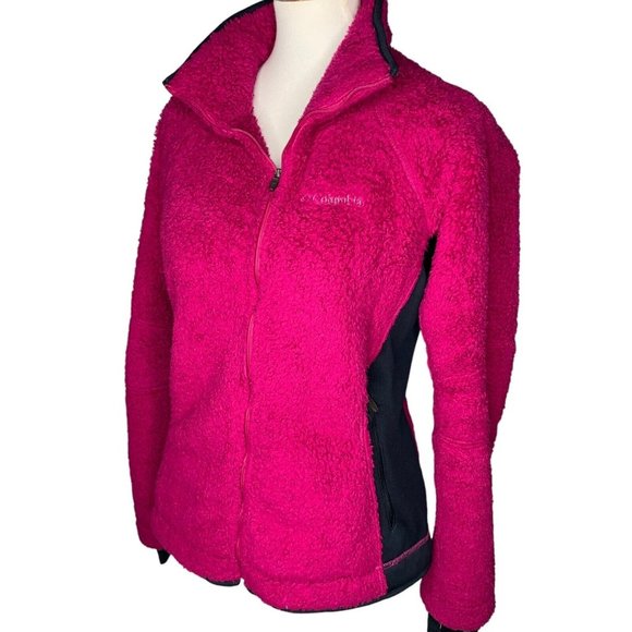 Columbia Full Zip Fleece Jacket Size Large Hot Pink Black Inserts 2 Zip Pockets - Picture 3 of 9